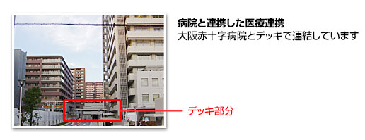 大阪赤十字病院とデッキで連結しています。